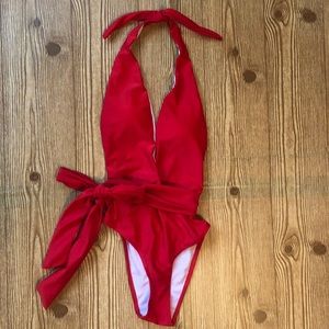 Deep V Red One Piece Bathing Suit M